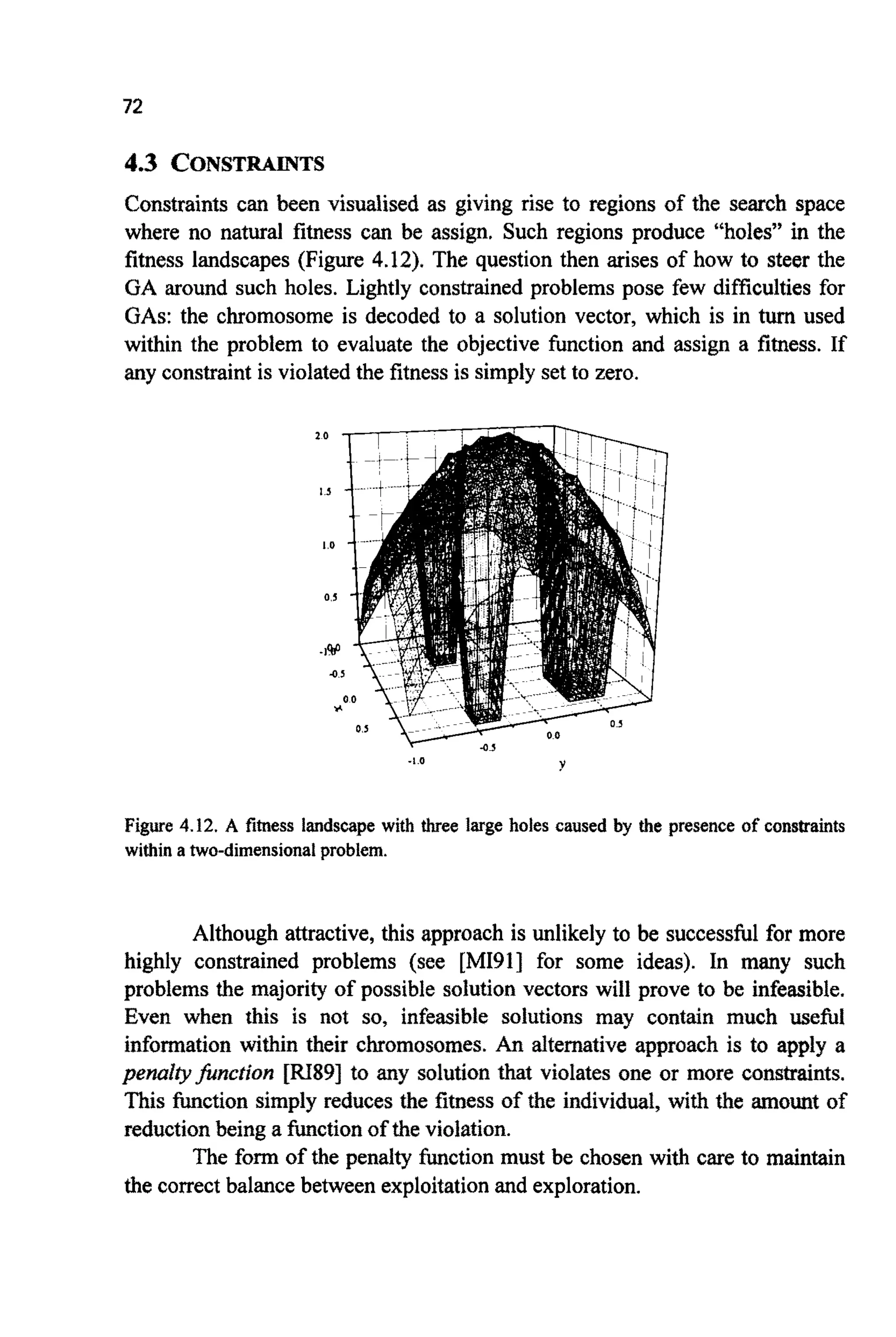 72
4.3 C O N S T ~ ~ T S
Constraints can been visualised as giving rise to regions of the search space
where no natural fitness can be assign. Such regions produce "holes" in the
fitness landscapes (Figure 4.12). The question then arises of how to steer the
GA around such holes. Lightly constrained problems pose few difkulties for
GAS: the chromosome is decoded to a solution vector, which is in turn used
within the problem to evaluate the objective function and assign a fitness. If
any constraint is violated the fitness is simply set to zero.
"."
Y-1.0
Figure 4.12. A fitness landscape with three large holes caused by the presence of constraints
within a two-dimensionalproblem.
Although attractive, this approach is unlikely to be successkl for more
highly constrained problems (see [MI911 for some ideas). In many such
problems the majority of possible solution vectors will prove to be infeasible.
Even when this is not so, infeasible solutions may contain much usefbl
info~ationwithin their chromosomes. An alternative approach is to apply a
p e ~ l ~ ~ ~ c t i o ~[FCI89] to any solution that violates one or more constraints.
This function simply reduces the fitness of the individ~l,with the amount of
reductionbeing a functionof the violation.
The form of the penalty function must be chosen with care to maintain
the correct balance between exploitationand exploration.
 