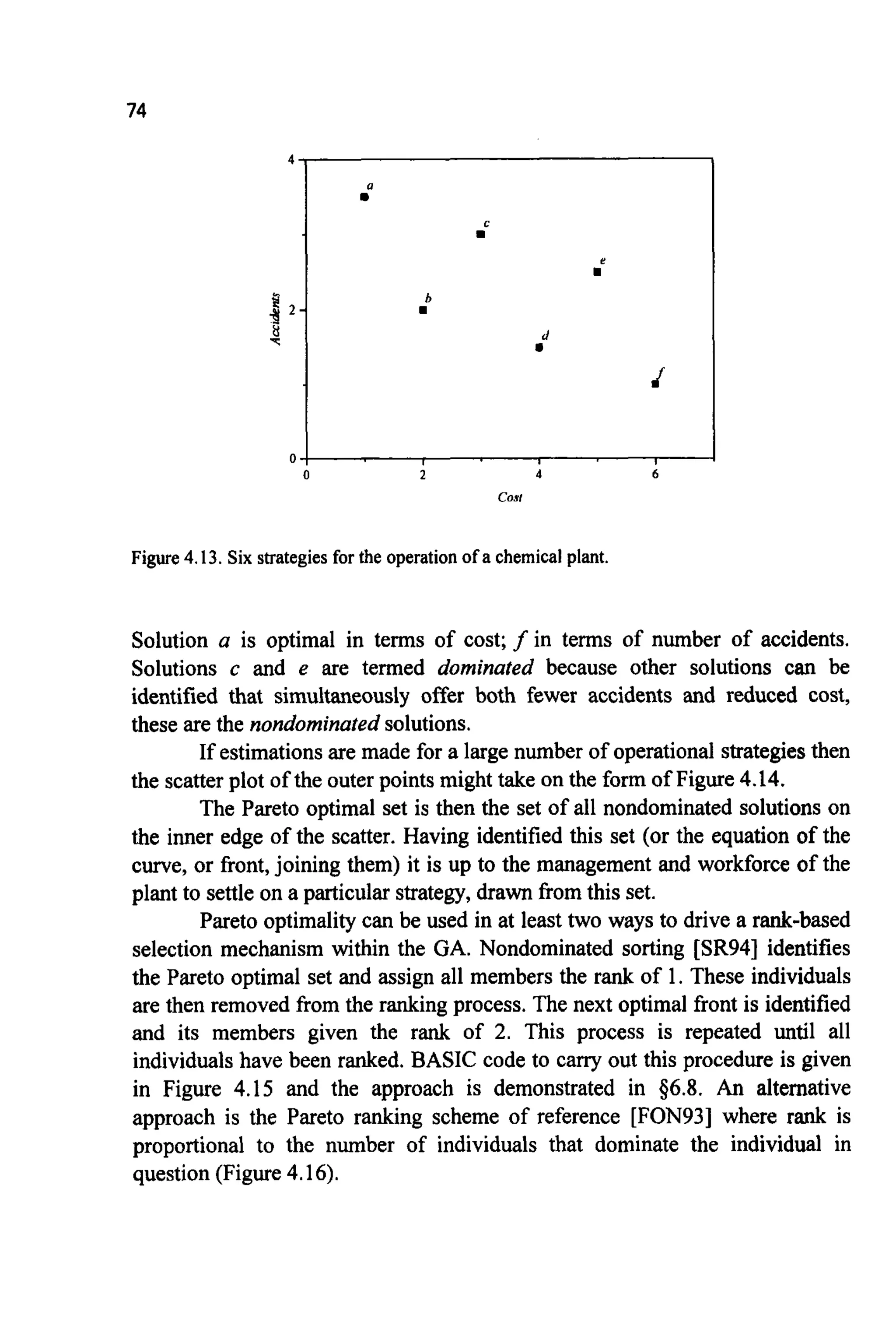 74
4
2
8
I 2 -
‘T
0
0
C
r
b
d
i
I I I
0 2 4 6
Figure4.13. Six strategiesfor the operation of a chemicalplant.
Solution a is optimal in terms of cost; f i n terms of number of accidents.
Solutions c and e are termed dominated because other solutions can be
identified that simultaneously offer both fewer accidents and reduced cost,
these are the nondominated solutions.
If estimationsare made for a large number of operational strategiesthen
the scatter plot of the outer points might take on the form of Figure4.14.
The Pareto optimal set is then the set of all nondominated solutions on
the inner edge of the scatter. Having identified this set (or the equation of the
curve, or front,joining them) it is up to the management and workforce of the
plant to settle on a particular strategy,drawn fromthis set.
Pareto optimalitycan be used in at least two ways to drive a rank-based
selection mechanism within the GA. Nondominated sorting [SR94] identifies
the Pareto optimal set and assign all members the rank of 1. These individuals
are then removed from the ranking process. The next optimal front is identified
and its members given the rank of 2. This process is repeated until all
individuals have been ranked. BASIC code to carry out this procedure is given
in Figure 4.15 and the approach is demonstrated in $6.8. An alternative
approach is the Pareto ranking scheme of reference [FON93] where rank is
proportional to the number of individuals that dominate the individual in
question (Figure 4.16).
 