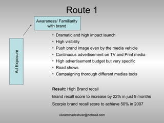 Route 1 [email_address] Awareness/ Familiarity  with brand  Ad Exposure Dramatic and high impact launch High visibility Push brand image even by the media vehicle  Continuous advertisement on TV and Print media High advertisement budget but very specific Road shows Campaigning thorough different medias tools Result:  High Brand recall Brand recall score to increase by 22% in just 9 months  Scorpio brand recall score to achieve 50% in 2007 