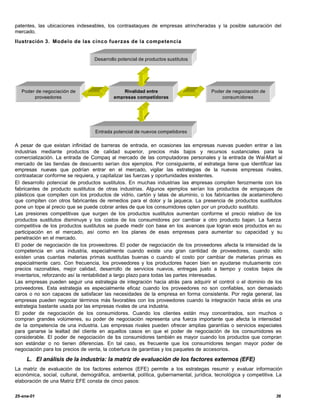 patentes, las ubicaciones indeseables, los contraataques de empresas atrincheradas y la posible saturación del
mercado.
Ilustración 3. Modelo de las cinco fuerzas de la competencia


                                  Desarrollo potencial de productos sustitutos




   Poder de negociación de                     Rivalidad entre                       Poder de negociación de
        proveedores                        empresas competidoras                         consum idores




                                   Entrada potencial de nuevos competidores

A pesar de que existan infinidad de barreras de entrada, en ocasiones las empresas nuevas pueden entrar a las
industrias mediante productos de calidad superior, precios más bajos y recursos sustanciales para la
comercialización. La entrada de Compaq al mercado de las computadoras personales y la entrada de Wal-Mart al
mercado de las tiendas de descuento serían dos ejemplos. Por consiguiente, el estratega tiene que identificar las
empresas nuevas que podrían entrar en el mercado, vigilar las estrategias de la nuevas empresas rivales,
contraatacar conforme se requiera, y capitalizar las fuerzas y oportunidades existentes.
El desarrollo potencial de productos sustitutos. En muchas industrias las e       mpresas compiten ferozmente con los
fabricantes de producto sustitutos de otras industrias. Algunos ejemplos serían los productos de empaques de
plásticos que compiten con los productos de vidrio, cartón y latas de aluminio, o los fabricantes de acetaminofeno
que compiten con otros fabricantes de remedios para el dolor y la jaqueca. La presencia de productos sustitutos
pone un tope al precio que se puede cobrar antes de que los consumidores opten por un producto sustituto.
Las presiones competitivas que surgen de los productos sustitutos aumentan conforme el precio relativo de los
productos sustitutos disminuye y los costos de los consumidores por cambiar a otro producto bajan. La fuerza
competitiva de los productos sustitutos se puede medir con base en los avances que logran esos productos en su
participación en el mercado, así como en los planes de esas empresas para aumentar su capacidad y su
penetración en el mercado.
El poder de negociación de los proveedores. El poder de negociación de los proveedores afecta la intensidad de la
competencia en una industria, especialmente cuando existe una gran cantidad de proveedores, cuando sólo
existen unas cuantas materias primas sustitutas buenas o cuando el costo por cambiar de materias primas es
especialmente caro. Con frecuencia, los proveedores y los productores hacen bien en ayudarse mutuamente con
precios razonables, mejor calidad, desarrollo de servicios nuevos, entregas justo a tiempo y costos bajos de
inventarios, reforzando así la rentabilidad a largo plazo para todas las partes interesadas.
Las empresas pueden seguir una estrategia de integración hacia atrás para adquirir el control o el dominio de los
proveedores. Esta estrategia es especialmente eficaz cuando los proveedores no son confiables, son demasiado
caros o no son capaces de satisfacer las necesidades de la empresa en forma consistente. Por regla general, las
empresas pueden negociar términos más favorables con los proveedores cuando la integración hacia atrás es una
estrategia bastante usada por las empresas rivales de una industria.
El poder de negociación de los consumidores. Cuando los clientes están muy concentrados, son muchos o
compran grandes volúmenes, su poder de negociación representa una fuerza importante que afecta la intensidad
de la competencia de una industria. Las empresas rivales pueden ofrecer amplias garantías o servicios especiales
para ganarse la lealtad del cliente en aquellos casos en que el poder de negociación de los consumidores es
considerable. El poder de negociación de los consumidores también es mayor cuando los productos que compran
son estándar o no tienen diferencias. En tal caso, es frecuente que los consumidores tengan mayor poder de
negociación para los precios de venta, la cobertura de garantías y los paquetes de accesorios.

     L. El análisis de la industria: la matriz de evaluación de los factores externos (EFE)
La matriz de evaluación de los factores externos (EFE) permite a los estrategas resumir y evaluar información
económica, social, cultural, demográfica, ambiental, política, gubernamental, jurídica, tecnológica y competitiva. La
elaboración de una Matriz EFE consta de cinco pasos:

25-ene-01                                                                                                         36
 