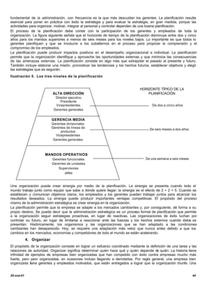 fundamental de la administración, con frecuencia es la que más descuidan los gerentes. La planificación resulta
esencial para poner en práctica con éxito la estrategia y para evaluar la estrategia, en gran medida, porque las
actividades para organizar, motivar, integrar al personal y controlar dependen de una buena planificación.
El proceso de la planificación debe contar con la participación de los gerentes y empleados de toda la
organización. La figura siguiente señala que el horizonte de tiempo de la planificación disminuye entre dos y cinco
años para los mandos superiores a menos de seis meses para los niveles bajos. Lo importante es que todos lo
gerentes planifiquen y que se involucre a los subalternos en el proceso para propiciar la comprensión y el
compromiso de los empleados.
La planificación puede producir impactos positivos en el desempeño organizacional e individual. La planificación
permite que la organización identifique y aproveche las oportunidades externas y que minimice las consecuencias
de las amenazas externas. La planificación consiste en algo más que extrapolar el pasado al presente y futuro.
También incluye elaborar una misión, pronosticar las tendencias y los hechos futuros, establecer objetivos y elegir
las estrategias que se seguirán.
Ilustración 5. Los tres niveles de la planificación


                                                                                HORIZONTE TÍPICO DE LA
                           ALTA DIRECCIÓN                                           PLANIFICACIÓN
                             Director ejecutivo
                                Presidente
                             Vicepresidentes                                           De dos a cinco años
                            Gerentes generales


                           GERENCIA MEDIA
                           Gerentes divisionales
                           Gerentes de líneas de                                      De seis meses a dos años
                                productos
                             Vicepresidentes
                            Gerentes generales



                     MANDOS OPERATIVOS
                           Gerentes funcionales                                    De una semana a seis meses
                           Gerentes de unidades
                               Supervisores
                                  Jefes



Una organización puede crear sinergia por medio de la planificación. La sinergia se presenta cuando todo el
mundo trabajo junto como equipo que sabe a dónde quiere llegar; la sinergia es el efecto de 2 + 2 = 5. Cuando se
establecen y comunican objetivos claros, los empleados y los gerentes pueden trabajar juntos para alcanzar los
resultados deseados. La sinergia puede producir importantes ventajas competitivas. El propósito del proceso
mismo de la administración estratégica es crear sinergia en la organización.
La planificación permite que la empresa se adapte a los mercados cambiantes y, por consiguiente, dé forma a su
propio destino. Se puede decir que la administración estratégica es un proceso formal de planificación que permite
a la organización seguir estrategias proactivas, en lugar de reactivas. Las organizaciones de éxito luchan por
controlar su futuro, en lugar de limitarse a reaccionar ante las fuerzas y los hechos externos cuando éstos se
presentan. Históricamente, los organismos y las organizaciones que se han adaptado a las condiciones
cambiantes han desaparecido. Hoy, se requiere una adaptación más veloz que nunca antes debido a que los
cambios en los mercados, economías y competidores de todo el mundo se están acelerando.
            4. Organizar
El propósito de la organización consiste en lograr un esfuerzo coordinado mediante la definición de una tarea y las
relaciones de autoridad. Organizar significa determinar quién hace qué y quién depende de quién. La historia tiene
infinidad de ejemplos de empresas bien organizadas que han competido con éxito contra empresas mucho más
fuerte, pero peor organizadas, en ocasiones incluso llegando a derrotarlas. Por regla general, una empresa bien
organizada tiene gerentes y empleados motivados, que están entregados a lograr que la organización triunfe. Una


25-ene-01                                                                                                        44
 