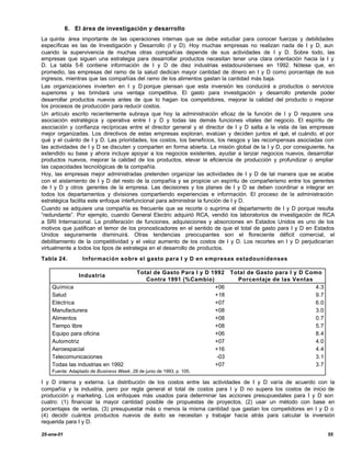 6. El área de investigación y desarrollo
La quinta área importante de las operaciones internas que se debe estudiar para conocer fuerzas y debilidades
específicas es las de Investigación y Desarrollo (I y D). Hoy muchas empresas no realizan nada de I y D, aun
cuando la supervivencia de muchas otras compañías depende de sus actividades de I y D. Sobre todo, las
empresas que siguen una estrategia para desarrollar productos necesitan tener una clara orientación hacia la I y
D. La tabla 5-6 contiene información de I y D de diez industrias estadounidenses en 1992. Nótese que, en
promedio, las empresas del ramo de la salud dedican mayor cantidad de dinero en I y D como porcentaje de sus
ingresos, mientras que las compañías del ramo de los alimentos gastan la cantidad más baja.
Las organizaciones invierten en I y D porque piensan que esta inversión les conducirá a productos o servicios
superiores y les brindará una ventaja competitiva. El gasto para investigación y desarrollo pretende poder
desarrollar productos nuevos antes de que lo hagan los competidores, mejorar la calidad del producto o mejorar
los procesos de producción para reducir costos.
Un artículo escrito recientemente subraya que hoy la administración eficaz de la función de I y D requiere una
asociación estratégica y operativa entre I y D y todas las demás funciones vitales del negocio. El espíritu de
asociación y confianza recíprocas entre el director general y el director de I y D salta a la vista de las empresas
mejor organizadas. Los directivos de estas empresas exploran, evalúan y deciden juntos el qué, el cuándo, el por
qué y el cuánto de I y D. Las prioridades, los costos, los beneficios, los riesgos y las recompensas asociadas con
las actividades de I y D se discuten y comparten en forma abierta. La misión global de la I y D, por consiguiente, ha
extendido su base y ahora incluye apoyar a los negocios existentes, ayudar a lanzar negocios nuevos, desarrollar
productos nuevos, mejorar la calidad de los productos, elevar la eficiencia de producción y profundizar o ampliar
las capacidades tecnológicas de la compañía.
Hoy, las empresas mejor administradas pretenden organizar las actividades de I y D de tal manera que se acabe
con el aislamiento de I y D del resto de la compañía y se propicie un espíritu de compañerismo entre los gerentes
de I y D y otros gerentes de la empresa. Las decisiones y los planes de I y D se deben coordinar e integrar en
todos los departamentos y divisiones compartiendo experiencias e información. El proceso de la administración
estratégica facilita este enfoque interfuncional para administrar la función de I y D.
Cuando se adquiere una compañía es frecuente que se recorte o suprima el departamento de I y D porque resulta
“redundante”. Por ejemplo, cuando General Electric adquirió RCA, vendió los laboratorios de investigación de RCA
a SRI Internacional. La proliferación de funciones, adquisiciones y absorciones en Estados Unidos es uno de los
motivos que justifican el temor de los pronosticadores en el sentido de que el total de gasto para I y D en Estados
Unidos seguramente disminuirá. Otras tendencias preocupantes son el floreciente déficit comercial, el
debilitamiento de la competitividad y el veloz aumento de los costos de I y D. Los recortes en I y D perjudicarían
virtualmente a todos los tipos de estrategia en el desarrollo de productos.
Tabla 24.         Información sobre el gasto para I y D en empresas estadounidenses

                                          Total de Gasto Para I y D 1992 Total de Gasto para I y D Como
                Industria
                                             Contra 1991 (%Cambio)         Porcentaje de las Ventas
    Química                                                          +06                             4.3
    Salud                                                            +18                             9.7
    Eléctrica                                                        +07                             6.0
    Manufacturera                                                    +08                             3.0
    Alimentos                                                        +08                             0.7
    Tiempo libre                                                     +08                             5.7
    Equipo para oficina                                              +06                             8.4
    Automotriz                                                       +07                             4.0
    Aeroespacial                                                     +16                             4.4
    Telecomunicaciones                                                -03                            3.1
    Todas las industrias en 1992                                     +07                             3.7
    Fuente: Adaptado de Business Week, 28 de junio de 1993, p. 105.

I y D interna y externa. La distribución de los costos entre las actividades de I y D varía de acuerdo con la
compañía y la industria, pero por regla general el total de costos para I y D no supera los costos de inicio de
producción y marketing. Los enfoques más usados para determinar las acciones presupuestales para I y D son
cuatro: (1) financiar la mayor cantidad posible de propuestas de proyectos, (2) usar un método con base en
porcentajes de ventas, (3) presupuestar más o menos la misma cantidad que gastan los competidores en I y D o
(4) decidir cuántos productos nuevos de éxito se necesitan y trabajar hacia atrás para calcular la inversión
requerida para I y D.

25-ene-01                                                                                                         55
 