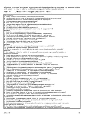 afirmativas o con un sí terminante a las preguntas de la lista sugieren fuerzas potenciales. Las preguntas incluidas
en la tabla 5-7 no incluyen todas las posibilidades, pero pueden facilitar una auditoría interna.
Tabla 25.       Lista de verificación para una auditoría interna

Administración
1. ¿Usa la empresa conceptos de la administración estratégica?
2. ¿Son los objetivos y las metas de la compañía mensurables y debidamente comunicados?
3. ¿Planifican con eficacia los gerentes de todos los niveles de la jerarquía?
4. ¿Delegan los gerentes correctamente su autoridad?
5. ¿Es la estructura de la organización apropiada?
6. ¿Son claras las descripciones del puesto y las especificaciones del trabajo?
7. ¿Es alto el ánimo de los empleados?
8. ¿Es baja la rotación de empleados y el ausentismo?
9. ¿Son efectivos los mecanismos de control y recompensa de la organización?
Marketing
1. ¿Están los mercados eficazmente segmentados?
2. ¿Está en buen posicionamiento la organización frente a sus competidores?
3. ¿Ha ido aumentando la parte del mercado que corresponde a la empresa?
4. ¿Son confiables los canales presentes de distribución y tienen costos efectivos?
5. ¿Cuenta la empresa con una organización eficaz para las ventas?
6. ¿Realiza la empresa investigaciones de mercado?
7. ¿Son buenos la calidad del producto y el servicio a clientes?
8. ¿Tienen los productos y los servicios precios justos?
Marketing
9. ¿Cuenta la empresa con una estrategia eficaz para promociones y publicidad?
10. ¿Son efectivas la planificación y la presupuestación
11. ¿Tienen los gerentes de marketing de la empresa la experiencia y la capacitación adecuada?
Finanzas
1. ¿En qué puntos indican los análisis de las razones financieras que la empresa es fuerte o débil en
términos financieros?
2. ¿Puede la empresa reunir el capital que necesita a corto plazo?
3. ¿Puede la empresa reunir, por medio de pasivo/capital contable, el capital que necesita a largo plazo?
4. ¿Cuenta la empresa con capital de trabajo suficiente?
5. ¿Son eficaces los procedimientos para presupuestar el capital?
6. ¿Son razonables las políticas para pagar dividendos?
7. ¿Tiene la empresa buenas relaciones con sus inversionistas y accionistas?
8. ¿Tienen experiencia los gerentes financieros de la empresa y están bien preparados?
Producción
1. ¿Son confiables y razonables los proveedores de materias primas, piezas y subensamblajes?
2. ¿Están en buenas condiciones las instalaciones, el equipo, la maquinaria y las oficinas?
3. ¿Son eficaces los procedimientos y las políticas para el control de inventarios?
4. ¿Son eficaces los procedimientos y las políticas para el control de calidad?
5. ¿Están estratégicamente ubicadas las instalaciones, los recursos y los mercados?
6. ¿Cuenta la empresa con competencias tecnológicas?
Investigación y Desarrollo
1. ¿Cuenta la empresa con instalaciones para I y D? ¿Son adecuadas?
2. ¿Si se usan empresas externas de I y D, ¿Tienen éstas costos efectivos?
3. ¿Está bien preparado el personal de I y D de la organización?
4. ¿Están bien asignados los recursos para I y D?
5. ¿Son adecuados los sistemas de cómputo y de administración de información?
6. ¿Es eficaz la comunicación entre I y D y otras unidades de la organización?
7. ¿Son tecnológicamente competitivos los productos presentes?
Sistemas de Información Computarizados
1. ¿Usan todos los gerentes de la empresa el sistema de información para tomar decisiones?
2. ¿Existe en la empresa el puesto de gerente de información o director de sistemas de información?
3. ¿Se actualizan con regularidad los datos del sistema de información?
4. ¿Contribuyen todos los gerentes de las áreas funcionales de la empresa con aportaciones para el sistema
de información
5. ¿Existen claves eficaces para entrar en el sistema de información de la empresa?
6. ¿Conocen los es trategas de la empresa los sistemas de información de empresas rivales?
7. ¿Es fácil usar el sistema de información?
8. ¿Entienden todos los usuarios del sistema de información las ventajas competitivas que la información
puede ofrecer a las empresas?
9. ¿Se ofrecen talleres de capacitación de cómputo a los usuarios del sistema de información?
10. ¿Se mejora constantemente el contenido y la facilidad de uso del sistema de información de la empresa?


25-ene-01                                                                                                        58
 