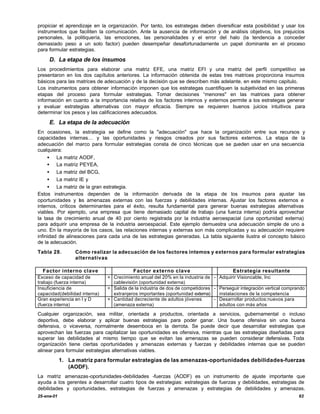 propiciar el aprendizaje en la organización. Por tanto, los estrategas deben diversificar esta posibilidad y usar los
instrumentos que faciliten la comunicación. Ante la ausencia de información y de análisis objetivos, los prejuicios
personales, la politiquería, las emociones, las personalidades y el error del halo (la tendencia a conceder
demasiado peso a un solo factor) pueden desempeñar desafortunadamente un papel dominante en el proceso
para formular estrategias.

     D. La etapa de los insumos
Los procedimientos para elaborar una matriz EFE, una matriz EFI y una matriz del perfil competitivo se
presentaron en los dos capítulos anteriores. La información obtenida de estas tres matrices proporciona insumos
básicos para las matrices de adecuación y de la decisión que se describen más adelante, en este mismo capitulo.
Los instrumentos para obtener información imponen que los estrategas cuantifiquen la subjetividad en las primeras
etapas del proceso para formular estrategias. Tomar decisiones “menores" en las matrices para obtener
información en cuanto a la importancia relativa de los factores internos y externos permite a los estrategas generar
y evaluar estrategias alternativas con mayor eficacia. Siempre se requieren buenos juicios intuitivos para
determinar los pesos y las calificaciones adecuados.

     E. La etapa de la adecuación
En ocasiones, la estrategia se define como la "adecuación" que hace la organización entre sus recursos y
capacidades internas… y las oportunidades y riesgos creados por sus factores externos. La etapa de la
adecuación del marco para formular estrategias consta de cinco técnicas que se p    ueden usar en una secuencia
cualquiera:
     • La matriz AODF,
     • La matriz PEYEA,
     • La matriz del BCG,
     • La matriz IE y
     • La matriz de la gran estrategia.
Estos instrumentos dependen de la información derivada de la etapa de los insumos para ajustar las
oportunidades y l s amenazas externas con las fuerzas y debilidades internas. Ajustar los factores externos e
                   a
internos, críticos determinantes para el éxito, resulta fundamental para generar buenas estrategias alternativas
viables. Por ejemplo, una empresa que tiene demasiado capital de trabajo (una fuerza interna) podría aprovechar
la tasa de crecimiento anual de 40 por ciento registrada por la industria aeroespacial (una oportunidad externa)
para adquirir una empresa de la industria aeroespacial. Este ejemplo demuestra una adecuación simple de uno a
uno. En la mayoría de los casos, las relaciones internas y externas son más complicadas y su adecuación requiere
infinidad de alineaciones para cada una de las estrategias generadas. La tabla siguiente ilustra el concepto básico
de la adecuación.
Tabla 28.        Cómo realizar la adecuación de los factores intemos y externos para formular estrategias
                 alternativas

  Factor interno clave                    Factor externo clave                          Estrategia resultante
Exceso de capacidad de         + Crecimiento anual del 20% en la industria de - Adquirir Visioncable, Inc
trabajo (fuerza interna)         cablevisión (oportunidad externa)
Insuficiencia de               + Salida de la industria de dos de competidores - Perseguir integración vertical comprando
capacidad(debilidad interna)     extranjeros importantes (oportunidad externa)   instalaciones de la competencia
Gran experiencia en I y D      + Cantidad decreciente de adultos jóvenes       - Desarrollar productos:nuevos para
(fuerza interna)                 (amenaza externa)                               adultos con más años

Cualquier organización, sea militar, orientada a productos, orientada a servicios, gubernamental o incluso
deportiva, debe elaborar y aplicar buenas estrategias para poder ganar. Una buena ofensiva sin una buena
defensiva, o viceversa, normalmente desemboca en la derrota. Se puede decir que desarrollar estrategias que
aprovechan las fuerzas para capitalizar las oportunidades es ofensiva, mientras que las estrategias diseñadas para
superar las debilidades al mismo tiempo que se evitan las amenazas se pueden considerar defensivas. Toda
organización tiene ciertas oportunidades y amenazas externas y fuerzas y debilidades internas que se pueden
alinear para formular estrategias alternativas viables.
            1. La matriz para formular estrategias de las amenazas-oportunidades debilidades-fuerzas
               (AODF).
La matriz amenazas-oportunidades-debilidades -fuerzas (AODF) es un instrumento de ajuste importante que
ayuda a los gerentes a desarrollar cuatro tipos de estrategias: estrategias de fuerzas y debilidades, estrategias de
debilidades y oportunidades, estrategias de fuerzas y amenazas y estrategias de debilidades y amenazas.
25-ene-01                                                                                                             63
 