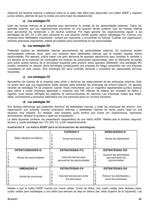 Observar los factores internos y externos clave es la parte más difícil para desarrollar una matriz AODF y requiere
juicios sólidos, además de que no existe una serie mejor de adaptaciones.

              a) Las estrategias FO
Usan las fuerzas internas de la empresa para aprovechar la ventaja de las oportunidades externas. Todos los
gerentes querrían que sus organizaciones estuvieran en una posición donde pudieran usar las fuerzas internas
para aprovechar las tendencias y los hechos externos. Por regla general, las organizaciones siguen a las
estrategias de DO, FA o DA para colocarse en una situación donde puedan aplicar estrategias FO. Cuando una
empresa tiene debilidades importantes, luchará por superarlas y convertirlas en fuerzas. Cuando una organización
enfrenta amenazas importantes, tratará de evitarlas para concentrarse en las oportunidades.
              b) Las estrategias DO
Pretenden superar las debilidades internas aprovechando las oportunidades externas. En ocasiones existen
oportunidades externas clave, pero una empresa tiene debilidades internas que le impiden explotar dichos
oportunidades. Por ejemplo, podría haber una gran demanda de aparatos electrónicos para controlar la cantidad y
los tiempos de la inyección de combustible los motores de automóviles (oportunidad), pero un fabricante de partes
para autos quizás carezca de la tecnología requerida para producir estos aparatos (debilidad). Una estrategia DO
posible consistiría en adquirir dicha tecnología constituyendo una empresa de riesgo compartido con una empresa
competente en este campo. Otra estrategia DO sería contratar personal y enseñarle las capacidades técnicas
requeridas.

              c) Las estrategias FA
Aprovechan las fuerzas de la empresa para evitar o disminuir las repercusiones de las amenazas externas. Esto
no quiere decir que una organización fuerte siempre deba enfrentar las amenazas del entorno externo. Un ejemplo
reciente de estrategia FA se presentó cuando Texas Instruments usó un magnífico departamento jurídico (fuerza)
para cobrar a nueve empresas japonesas y coreanas casi 700 millones de dólares por concepto de daños y
regalías, pues habían infringido las patentes de semiconductores de memoria. Las empresas rivales que imitan
ideas, innovaciones y productos patentados son una amenaza grave en muchas industrias.

              d) Las estrategias DA
Son tácticas defensivas que pretenden disminuir las debilidades internas y evitar las amenazas del entorno. Una
organización que enfrenta muchas amenazas externas y debilidades internas de hecho podría estar en una
situación muy precaria. En realidad, esta empresa quizá tendría que luchar por supervivencia, fusionarse,
atrincherarse, declarar la quiebra u optar por la liquidación.
La tabla siguiente contiene u presentación esquemática de una matriz AODF. Nótese que la primera, segunda,
                                na
tercera, y cuarta estrategia son: FO, DO, FA, y DA, respectivamente.
Ilustración 8. La matriz AODF para la formulación de estrategias.
                                                FUERZAS-F                          DEBILIDADES-D
                                      1.                                  1.
      Dejar siempre en blanco         2.       Anotar las fuerzas         2.       Anotar las debilidades
                                      3.                                  3.
                                      4.                                  4.
                                      5.                                  5.
      OPORTUNIDADES-O                       ESTRATEGIAS-FO                        ESTRATEGIAS-DO
1.                                    1.                                  1.
                                                                                  Superar las debilidades
2.      Anotar las oportunidades      2.      Usar las fuerzas para       2.        aprovechando las
3.                                    3.   aprovechar las oportunidades   3.          oportunidades
4.                                    4.                                  4.
5.                                    5.                                  5.
            AMENAZAS-A                       ESTRATEGIAS-FA                       ESTRATEGIAS-DA
1.                                    1.                                  1.
2.                                    2.                                  2.
            Anotar las amenazas            Usar las fuerzas para evitar          Reducir las debilidades y
3.                                    3.                                  3.
                                                  las amenazas                     evitar las amenazas
4.                                    4.                                  4.
5.                                    5.                                  5.
Nótese a que la matriz AODF cuenta con nueve celdas. Como se indica, hay cuatro celdas para factores clave,
cuatro celdas para estrategias y una celda que siempre se deja en blanco (las celda superior de la izquierda). Las

25-ene-01                                                                                                       64
 