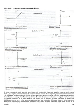 Ilustración 11.Ejemplos de perfiles de estrategias




El vector direccional puede aparecer en el cuadrante conservador (cuadrante superior izquierdo) de la matriz
PEYEA, que implica permanecer cerca de las competencias básicas de la empresa y no correr demasiado riesgos.
Las estrategias conservadoras con mucha frecuencia incluyen penetración en el mercado, desarrollo del mercado,
desarrollo del producto y diversificación concéntrica. El vector direccional puede estar en la parte inferior izquierdo
o cuadrante defensivo de la matriz PEYEA, que sugiere que la empresa se debe concentrar en superar las
debilidades internas y en evitar las amenazas externas. Las estrategias defensivas incluyen atrincheramiento,
desinversión, liquidación y diversificación concéntrica. Por último, el vector direccional puede estar situado en la
25-ene-01                                                                                                           68
 
