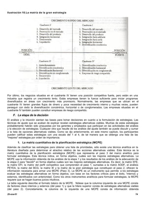 Ilustración 16.La matriz de la gran estrategia




Por último, los negocios situados en el cuadrante IV tienen una posición competitiva fuerte, pero están en una
industria que registra un crecimiento lento. Estás empresas tienen la fuerza suficiente para iniciar programas
diversificados en áreas con crecimiento más promisorio. Normalmente, las empresas que se ubican en el
cuadrante IV tienen grandes flujos de dinero y poca necesidad de crecimiento interno y muchas veces, pueden
perseguir con éxito la diversificación concéntrica, horizontal o de conglomerados. Las empresas situadas en el
cuadrante IV también pueden constituir empresas de riesgo compartido.

     F. La etapa de la decisión
El análisis y la intuición sientan las bases para tomar decisiones en cuanto a la formulación de estrategias. Las
técnicas de ajuste que se acaban de explicar revelan estrategias alternativas viables. Muchas de estas estrategias
probablemente habrán sido propuestas por los gerentes y empleados que participan en las actividades del análisis
y la elección de estrategias. Cualquier otra que resulte de los análisis del ajuste también se puede discutir y sumar
a la lista de opciones alternativas viables. Como se d anteriormente, en este mismo capitulo, los participantes
                                                         ijo
pueden calificar estas estrategias con una escala del 1 al 4, de tal manera que se obtenga una lista de las
"mejores" estrategias por orden de importancia.

            1. La matriz cuantitativa de la planificación estratégica (MCPE)
Además de clasificar las estrategias para obtener una lista de prioridades, sólo existe una técnica analítica en la
literatura diseñada para determinar el atractivo relativo de las acciones alternativas viables. Esta técnica es la
matriz cuantitativa de la planificación estratégica (MCPE) que representa el paso 3 del marco analítico para
formular estrategias. Esta técnica indica, en forma objetiva, cuáles son las mejores estrategias alternativas. La
MCPE usa la información obtenida de los análisis de la etapa 1 y los resultados de los análisis de la adecuación de
la etapa 2 para "decidir" en forma objetiva cuáles son las mejores estrategias alternativas. Es decir, la matriz EFE,
la matriz EFI, la matriz del perfil competitivo que comprenden el paso 1, sumadas a la matriz AODF, el análisis
PEYEA, la matriz del BCG, la matriz IE y la matriz de la gran estrategia que constituyen el paso 2, ofrecen la
información necesaria para armar una MCPE (Paso 3). La MCPE es un instrumento que permite a los estrategas
evaluar las estrategias alternativas en forma objetiva, con base en los factores críticos para el éxito, 'internos y
externos, identificados con anterioridad. Como los otros instrumentos analíticos para formular estrategias, la MCPE
requiere que se hagan buenos juicios intuitivos.
La tabla siguiente describe el formato básico de la MCPE. Nótese que la columna izquierda de una MCPE consta
de factores clave internos y externos (del paso 1) y que la hilera superior consta de estrategias alternativas viables
(del paso 2). Concretamente, la columna de la izquierda de una MCPE consta de información obtenida

25-ene-01                                                                                                          74
 