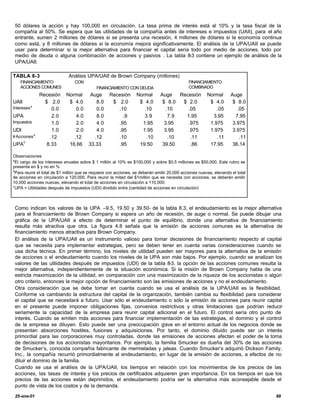 50 dólares la acción y hay 100,000 en circulación. La tasa prima de interés está al 10% y la tasa fiscal de la
 compañía al 50%. Se espera que las utilidades de la compañía antes de intereses e impuestos (UAII), para el año
 entrante, sumen 2 millones de dólares si se presenta una recesión, 4 millones de dólares si la economía continua
 como está, y 8 millones de dólares si la economía mejora significativamente. El análisis de la UPA/UAII se puede
 usar para determinar si la mejor alternativa para financiar el capital sería todo por medio de acciones, todo por
 medio de deuda o alguna combinación de acciones y pasivos . La tabla 8-3 contiene un ejemplo de análisis de la
 UPA/UAII.

TABLA 8-3                    Análisis UPA/UAII de Brown Company (millones)
    FINANCIAMIENTO               CON                                                          FINANCIAMIENTO
    ACCIONES COMUNES                        FINANCIAMIENTO CON DEUDA                          COMBINADO
               Recesión     Normal       Auge      Recesión       Normal       Auge    Recesión         Normal      Auge
UAII             $ 2.0       $ 4.0          8.0     $ 2.0          $ 4.0        $ 8.0   $ 2.0            $ 4.0       $ 8.0
Intereses a         0.0         0.0         0.0       .10            .10          .10     .05               .05        .05
UPA                 2.0         4.0         8.0         .9           3.9           7.9   1.95             3.95        7.95
Impuestos           1.0         2.0         4.0       .95           1.95         3.95     .975           1.975       3.975
UDI                 1.0         2.0         4.0       .95           1.95         3.95     .975           1.975       3.975
# Acciones b       .12         .12         .12        .10             .10          .10     .11              .11         .11
       c
UPA               8.33       16.66      33.33         .95          19.50        39.50      .86           17.95       36.14

Observaciones
a
  El cargo de los intereses anuales sobre $ 1 millón al 10% es $100,000 y sobre $0.5 millones es $50,000. Este rubro se
presenta en $ y no en %
b
  Para reunir el total de $1 millón que se requiere con acciones, se deberán emitir 20,000 acciones nuevas, elevando el total
de acciones en circulación a 120,000. Para reunir la mitad del $1millón que se necesita con acciones, se deberán emitir
10,000 acciones nuevas, elevando el total de acciones en circulación a 110,000.
c
  UPA = Utilidades después de impuestos (UDI) dividido entre (cantidad de acciones en circulación)



 Como indican los valores de la UPA –9.5, 19.50 y 39.50- de la tabla 8.3, el endeudamiento es la mejor alternativa
 para el financiamiento de Brown Company si espera un año de recesión, de auge o normal. Se puede dibujar una
 gráfica de la UPA/UAII a efecto de determinar el punto de equilibrio, donde una alternativa de financiamiento
 resulta más atractiva que otra. La figura 4.8 señala que la emisión de acciones comunes es la alternativa de
 financiamiento menos atractiva para Brown Company.
 El análisis de la UPA/UAII es un instrumento valioso para tomar decisiones de financiamiento respecto al capital
 que se necesita para implementar estrategias, pero se deben tener en cuenta varias consideraciones cuando se
 usa dicha técnica. En primer término, los niveles de utilidad pueden ser mayores para la alternativa de la emisión
 de acciones o el endeudamiento cuando los niveles de la UPA son más bajos. Por ejemplo, cuando se analizan los
 valores de las utilidades después de impuestos (UDI) de la tabla 8-3, la opción de las acciones comunes resulta la
 mejor alternativa, independientemente de la situación económica. Si la misión de Brown Company habla de una
 estricta maximización de la utilidad, en comparación con una maximización de la riqueza de los accionistas o algún
 otro criterio, entonces la mejor opción de financiamiento son las emisiones de acciones y no el endeudamiento.
 Otra consideración que se debe tomar en cuenta cuando se usa el análisis de la UPA/UAII es la flexibilidad.
 Conforme va cambiando la estructura del capital de la organización, también cambia su flexibilidad para considerar
 el capital que se necesitará a futuro. Usar sólo el endeudamiento o sólo la emisión de acciones para reunir capital
 en el presente puede imponer obligaciones fijas, convenios restrictivos y otras limitaciones que podrían reducir
 seriamente la capacidad de la empresa para reunir capital adicional en el futuro. El control sería otro punto de
 interés. Cuando se emiten más acciones para financiar implementación de las estrategias, el dominio y el control
 de la empresa se diluyen. Esto puede ser una preocupación g        rave en el entorno actual de los negocios donde se
 presentan absorciones hostiles, fusiones y adquisiciones. Por tanto, el dominio diluido puede ser un interés
 primordial para las corporaciones muy controladas, donde las emisiones de acciones afectan el poder de la toma
 de decisiones de los accionistas mayoritarios. Por ejemplo, la familia Smucker es dueña del 30% de las acciones
 de Smucker’s, conocida compañía fabricante de mermeladas y jaleas. Cuando Smucker’s adquirió Dickson Family,
 Inc., la compañía recurrió primordialmente al endeudamiento, en lugar de la emisión de acciones, a efectos de no
 diluir el dominio de la familia.
 Cuando se usa el análisis de la UPA/UAII, los tiempos en relación con los movimientos de los precios de las
 acciones, las tasas de interés y los precios de certificados adquieren gran importancia. En los tiempos en que los
 precios de las acciones están deprimidos, el endeudamiento podría ser la alternativa más aconsejable desde el
 punto de vista de los costos y de la demanda.

 25-ene-01                                                                                                                      88
 