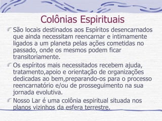 Colônias Espirituais São locais destinados aos Espíritos desencarnados que ainda necessitam reencarnar e intimamente ligados a um planeta pelas ações cometidas no passado, onde os mesmos podem ficar transitoriamente. Os espíritos mais necessitados recebem ajuda, tratamento,apoio e orientação de organizações dedicadas ao bem,preparando-os para o processo reencarnatório e/ou de prosseguimento na sua jornada evolutiva. Nosso Lar é uma colônia espiritual situada nos planos vizinhos da esfera terrestre.  