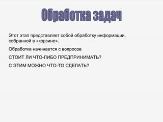 Обработка задач Этот этап представляет собой обработку информации, собранной в «корзине». Обработка начинается с вопросов  СТОИТ ЛИ ЧТО-ЛИБО ПРЕДПРИНИМАТЬ?  С ЭТИМ МОЖНО ЧТО-ТО СДЕЛАТЬ? 