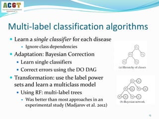 Multi-label classification algorithms
 Learn a single classifier for each disease
 Ignore class dependencies
 Adaptation: Bayesian Correction
 Learn single classifiers
 Correct errors using the DO DAG
 Transformation: use the label power
sets and learn a multiclass model
 Using RF: multi-label trees
 Was better than most approaches in an
experimental study (Madjarov et al. 2012)
13
 