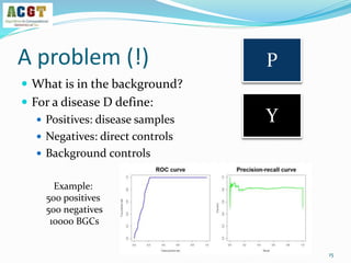 A problem (!)
 What is in the background?
 For a disease D define:
 Positives: disease samples
 Negatives: direct controls
 Background controls
15
Example:
500 positives
500 negatives
10000 BGCs
Y
P
 