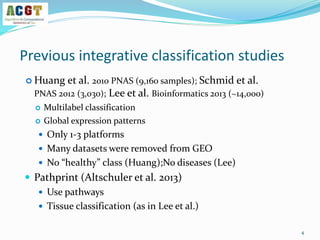 Previous integrative classification studies
 Huang et al. 2010 PNAS (9,160 samples); Schmid et al.
PNAS 2012 (3,030); Lee et al. Bioinformatics 2013 (~14,000)
 Multilabel classification
 Global expression patterns
 Only 1-3 platforms
 Many datasets were removed from GEO
 No “healthy” class (Huang);No diseases (Lee)
 Pathprint (Altschuler et al. 2013)
 Use pathways
 Tissue classification (as in Lee et al.)
4
 