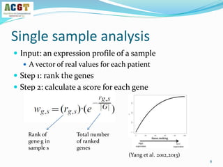 Single sample analysis
 Input: an expression profile of a sample
 A vector of real values for each patient
 Step 1: rank the genes
 Step 2: calculate a score for each gene
Rank of
gene g in
sample s
Total number
of ranked
genes
(Yang et al. 2012,2013)
8
 