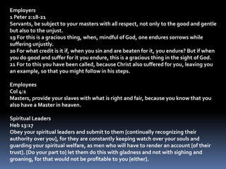 Employers1 Peter 2:18-21Servants, be subject to your masters with all respect, not only to the good and gentle but also to the unjust. 19 For this is a gracious thing, when, mindful of God, one endures sorrows while suffering unjustly. 20 For what credit is it if, when you sin and are beaten for it, you endure? But if when you do good and suffer for it you endure, this is a gracious thing in the sight of God. 21 For to this you have been called, because Christ also suffered for you, leaving you an example, so that you might follow in his steps.EmployeesCol 4:1Masters, provide your slaves with what is right and fair, because you know that you also have a Master in heaven. Spiritual LeadersHeb 13:17Obey your spiritual leaders and submit to them [continually recognizing their authority over you], for they are constantly keeping watch over your souls and guarding your spiritual welfare, as men who will have to render an account [of their trust]. [Do your part to] let them do this with gladness and not with sighing and groaning, for that would not be profitable to you [either]. 