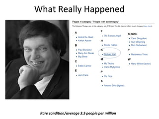 What Really Happened
Rare condition/average 3.5 people per million
 