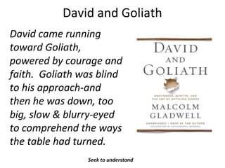 David and Goliath
Seek to understand
David came running
toward Goliath,
powered by courage and
faith. Goliath was blind
to his approach-and
then he was down, too
big, slow & blurry-eyed
to comprehend the ways
the table had turned.
 