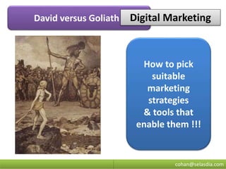 cohan@selasdia.com
David versus Goliath : Digital Marketing
How to pick
suitable
marketing
strategies
& tools that
enable them !!!
 