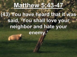 Matthew 5:43-47
(43) You have heard that it was
said, ‘You shall love your
neighbor and hate your
enemy.’
 