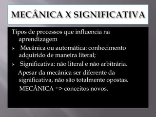 Tipos de processos que influencia na
aprendizagem
 Mecânica ou automática: conhecimento
adquirido de maneira literal;
 Significativa: não literal e não arbitrária.
Apesar da mecânica ser diferente da
significativa, não são totalmente opostas.
MECÂNICA => conceitos novos.
 