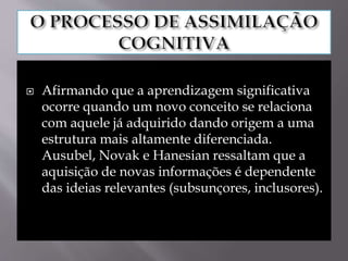  Afirmando que a aprendizagem significativa
ocorre quando um novo conceito se relaciona
com aquele já adquirido dando origem a uma
estrutura mais altamente diferenciada.
Ausubel, Novak e Hanesian ressaltam que a
aquisição de novas informações é dependente
das ideias relevantes (subsunçores, inclusores).
 