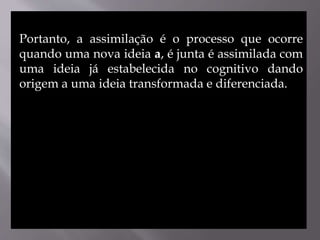 Portanto, a assimilação é o processo que ocorre
quando uma nova ideia a, é junta é assimilada com
uma ideia já estabelecida no cognitivo dando
origem a uma ideia transformada e diferenciada.
 