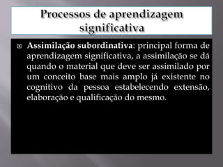  Assimilação subordinativa: principal forma de
aprendizagem significativa, a assimilação se dá
quando o material que deve ser assimilado por
um conceito base mais amplo já existente no
cognitivo da pessoa estabelecendo extensão,
elaboração e qualificação do mesmo.
 