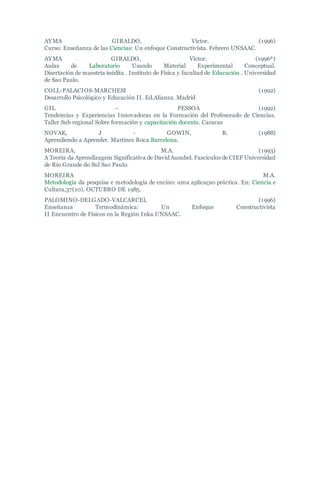AYMA GIRALDO, Víctor. (1996)
Curso: Enseñanza de las Ciencias: Un enfoque Constructivista. Febrero UNSAAC.
AYMA GIRALDO, Víctor. (1996ª)
Aulas de Laboratorio Usando Material Experimental Conceptual.
Disertación de maestría inédita . Instituto de Física y facultad de Educación . Universidad
de Sao Paulo.
COLL-PALACIOS-MARCHESI (1992)
Desarrollo Psicológico y Educación II. Ed.Alianza. Madrid
GIL – PESSOA (1992)
Tendencias y Experiencias Innovadoras en la Formación del Profesorado de Ciencias.
Taller Sub regional Sobre formación y capacitación docente. Caracas
NOVAK, J - GOWIN, B. (1988)
Aprendiendo a Aprender. Martínez Roca.Barcelona.
MOREIRA, M.A. (1993)
A Teoría da Aprendizagem Significativa de David Ausubel. Fascículos de CIEF Universidad
de Río Grande do Sul Sao Paulo.
MOREIRA M.A.
Metodología da pesquisa e metodología de encino: uma aplicaçao práctica. En: Ciencia e
Cultura,37(10), OCTUBRO DE 1985.
PALOMINO-DELGADO-VALCARCEL (1996)
Enseñanza Termodinámica: Un Enfoque Constructivista
II Encuentro de Físicos en la Región Inka.UNSAAC.
 