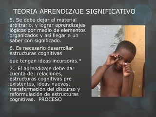 TEORIA APRENDIZAJE SIGNIFICATIVO
5. Se debe dejar el material
arbitrario, y lograr aprendizajes
lógicos por medio de elementos
organizados y así llegar a un
saber con significado.
6. Es necesario desarrollar
estructuras cognitivas
que tengan ideas incursoras.*
7. El aprendizaje debe dar
cuenta de: relaciones,
estructuras cognitivas pre
existentes, ideas nuevas,
transformación del discurso y
reformulación de estructuras
cognitivas. PROCESO
 