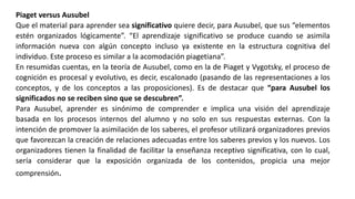 Piaget versus Ausubel
Que el material para aprender sea significativo quiere decir, para Ausubel, que sus “elementos
estén...