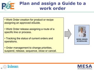 19
• Work Order creation for product or recipe
assigning an approved eGuide.
• Work Order release assigning a route of a
specific line or process.
• Tracking the status of current orders and
operations.
• Order management to change priorities,
suspend, release, sequence, close or cancel.
WORK ORDER
SCHEDULING
Plan and assign a Guide to a
work order
 