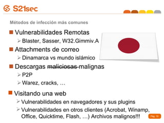 Métodos de infección más comunes




 Visitando una web
   Vulnerabilidades en navegadores y sus plugins
   Vulnerabilidades en otros clientes (Acrobat, Winamp,
    Office, Quicktime, Flash, …) Archivos malignos!!!    Pág. 19
 