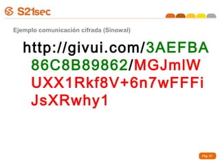 Ejemplo comunicación cifrada (Sinowal)


   http://givui.com/3AEFBA
    86C8B89862/MGJmlW
    UXX1Rkf8V+6n7wFFFi
    JsXRwhy1


                                         Pág. 67
 