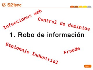 web
             es Co
         i on      ntrol
    e cc                 de do
Inf                            minio
                                     s
  1. Robo de información
Esp
    i   ona
              je                             ude
                   Ind                   Fra
                         ust
                               ria
                                     l
                                                   Pág. 9
 