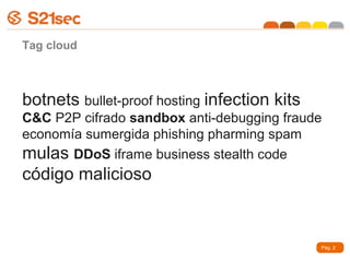 Tag cloud



botnets bullet-proof hosting infection kits
C&C P2P cifrado sandbox anti-debugging fraude
economía sumergida phishing pharming spam
mulas DDoS iframe business stealth code
código malicioso


                                              Pág. 2
 