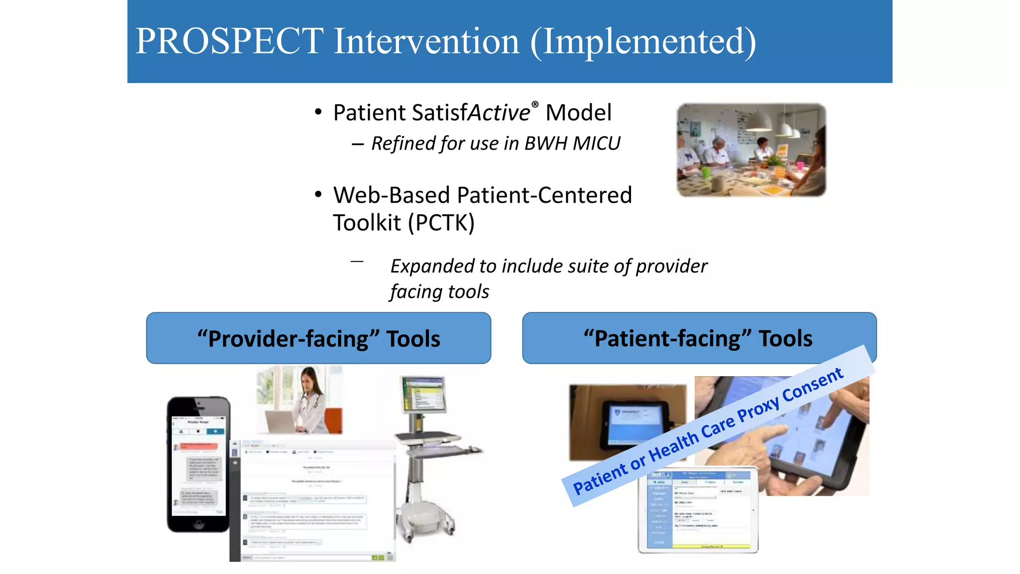 • Patient SatisfActive® Model
– Refined for use in BWH MICU
• Web-Based Patient-Centered
Toolkit (PCTK)
“Patient-facing” Tools“Provider-facing” Tools
PROSPECT Intervention (Implemented)
Expanded to include suite of provider
facing tools
 