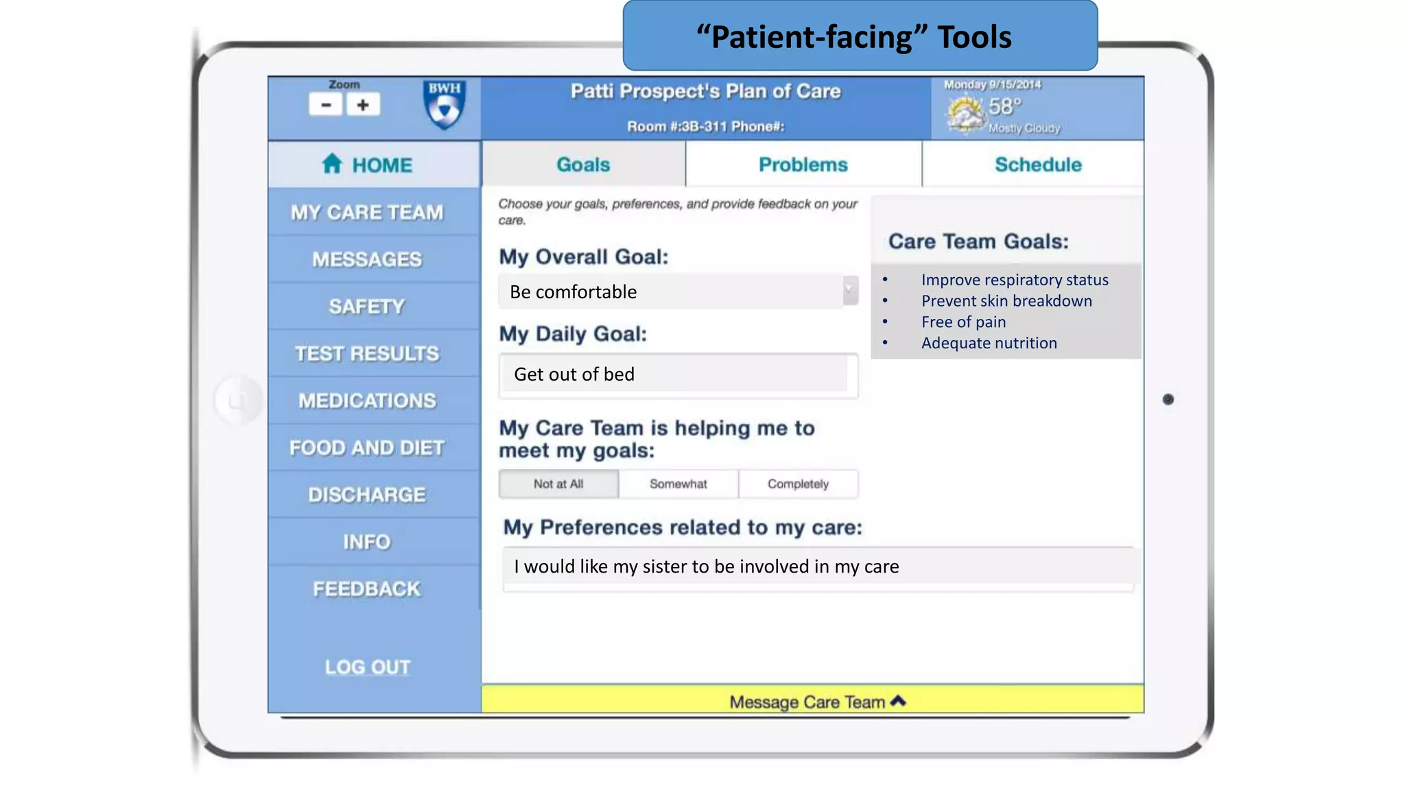 • Improve respiratory status
• Prevent skin breakdown
• Free of pain
• Adequate nutrition
Be comfortable
Get out of bed
I would like my sister to be involved in my care
“Patient-facing” Tools
 