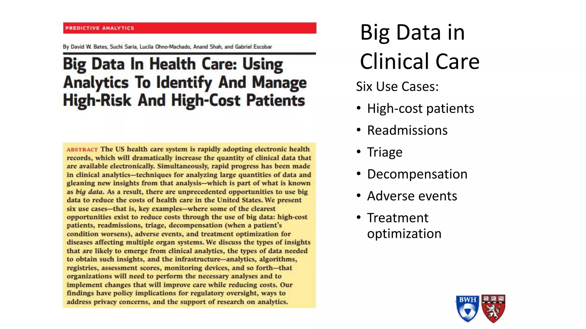Six Use Cases:
• High-cost patients
• Readmissions
• Triage
• Decompensation
• Adverse events
• Treatment
optimization
Big Data in
Clinical Care
 
