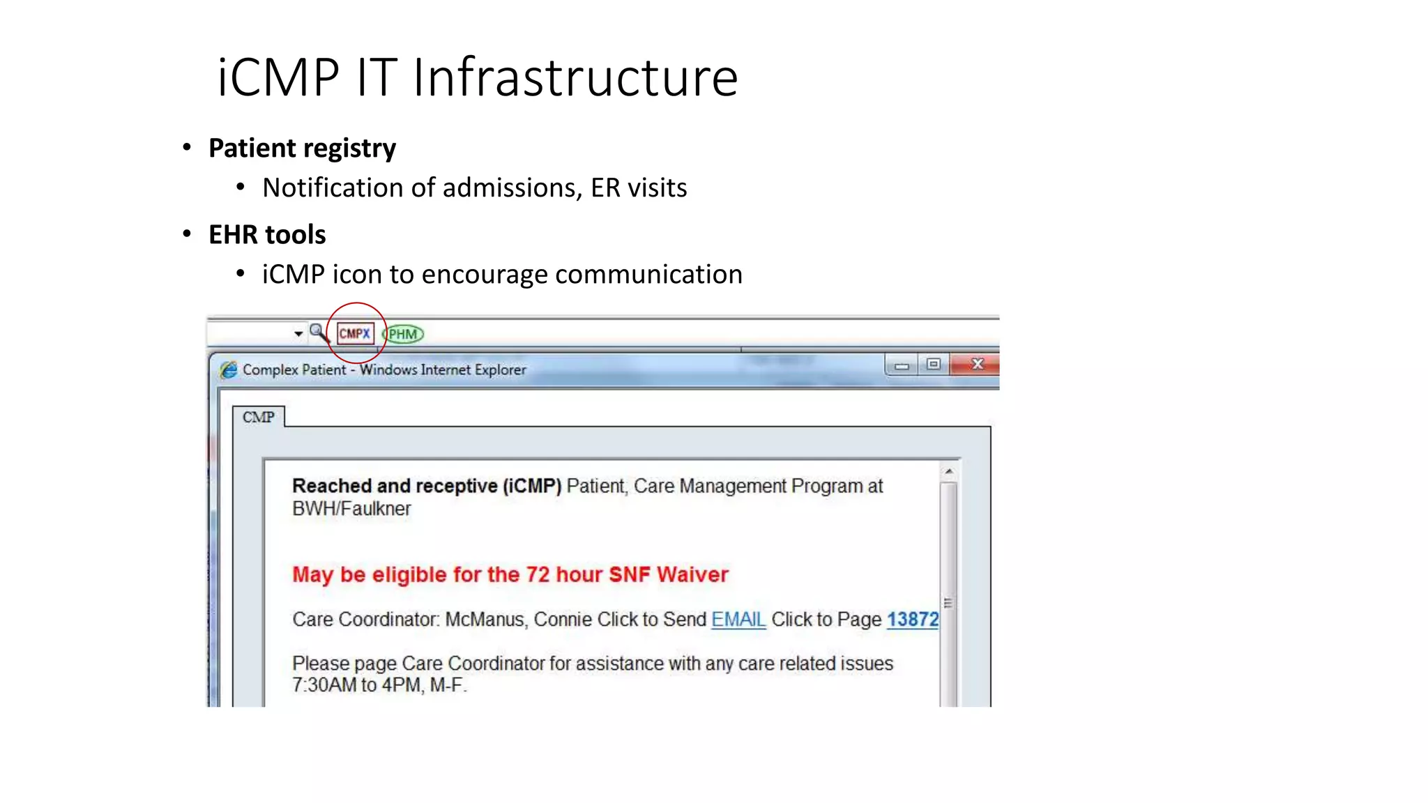 iCMP IT Infrastructure
• Patient registry
• Notification of admissions, ER visits
• EHR tools
• iCMP icon to encourage communication
 