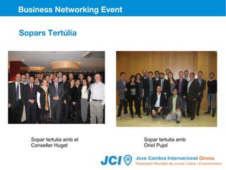 Business Networking Event

Sopars Tertúlia




   Sopar tertulia amb el    Sopar tertulia amb
   Conseller Huget          Oriol Pujol
 