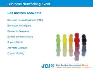 Business Networking Event

Les nostres Activitats

Business Networking Event (BNE)

Esmorzars de Negocis

Cursos de Formació

Els reis et venen a veure

Sopars Tértulia

Activitats Lúdiques

English Meeting
 