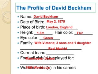 The Profile of David Beckham
   Name: _____________
            David Beckham
                   May 2, 1975
    Date of Birth: ____________
   Place of birth: London, England
                    ______________
   Height: ________ Hair color: ________
              1.8m                      Fair
   Eye color: _________
                  Green
   Family: Wife-Victoria; 3 sons and 1 daughter
    ___________________________
                     Real Madrid
   Current team: ____________
   Football club(s) he played for:
       Manchester United
    ______________________
   Worst moment(s) in his career:
       1998 World cup
    ______________________
 