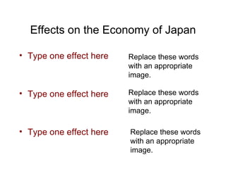 Effects on the Economy of Japan Type one effect here Type one effect here Type one effect here Replace these words with an appropriate image. Replace these words with an appropriate image. Replace these words with an appropriate image. 