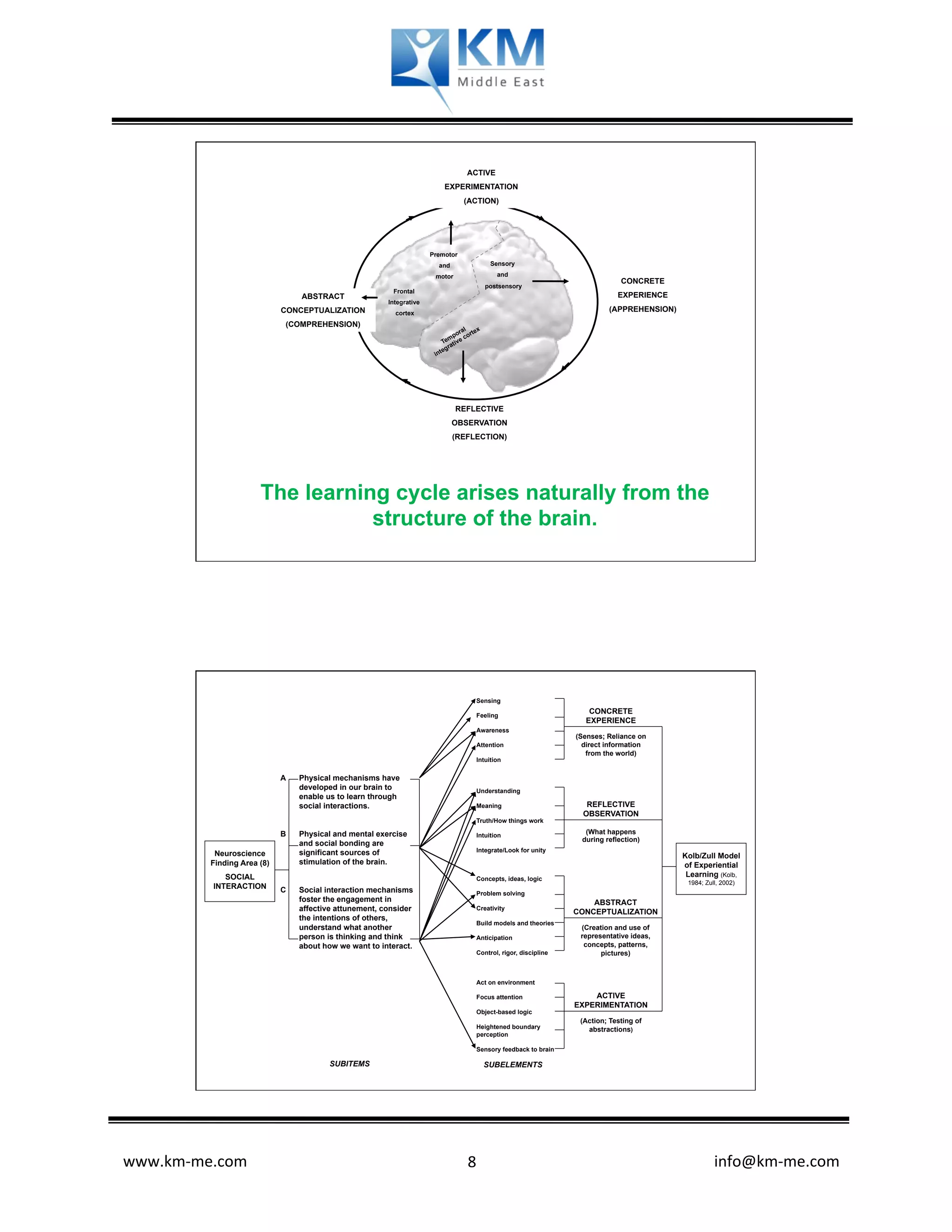 ACTIVE
                                                                            EXPERIMENTATION
                                                                                   (ACTION)




                                                                      Premotor
                                                                        and                      Sensory

                                                                       motor                       and
                                                                                                                                                          CONCRETE
                                                                                               postsensory
                                                         Frontal
                                 ABSTRACT                                                                                                               EXPERIENCE
                                                        Integrative
                             CONCEPTUALIZATION            cortex
                                                                                                                                                   (APPREHENSION)
                             (COMPREHENSION)
                                                                                  al   x
                                                                                or rte
                                                                            mp co
                                                                          Te tive
                                                                             ra
                                                                       integ




                                                                               REFLECTIVE
                                                                              OBSERVATION
                                                                              (REFLECTION)




                       The learning cycle arises naturally from the
                                  structure of the brain.




                                                                                            Sensing
                                                                                                                                     CONCRETE
                                                                                            Feeling
                                                                                                                                    EXPERIENCE
                                                                                            Awareness
                                                                                                                              (Senses; Reliance on
                                                                                            Attention                           direct information
                                                                                                                                 from the world)
                                                                                            Intuition

                             A   Physical mechanisms have
                                 developed in our brain to                                  Understanding
                                 enable us to learn through
                                 social interactions.                                       Meaning                                REFLECTIVE
                                                                                                                                  OBSERVATION
                                                                                            Truth/How things work

                             B   Physical and mental exercise                               Intuition
                                                                                                                                   (What happens
                                                                                                                                  during reflection)
                                 and social bonding are
                                 significant sources of                                     Integrate/Look for unity
           Neuroscience                                                                                                                                                                         Kolb/Zull Model
          Finding Area (8)       stimulation of the brain.                                                                                                                                      of Experiential
             SOCIAL                                                                         Concepts, ideas, logic
                                                                                                                                                                                                 Learning (Kolb,
                                                                                                                                                                                                    1984; Zull, 2002)
          INTERACTION        C   Social interaction mechanisms                              Problem solving
                                 foster the engagement in                                                                       ABSTRACT
                                 affective attunement, consider                             Creativity
                                                                                                                            CONCEPTUALIZATION
                                 the intentions of others,
                                                                                            Build models and theories
                                 understand what another                                                                         (Creation and use of
                                 person is thinking and think                               Anticipation                         representative ideas,
                                 about how we want to interact.                                                                   concepts, patterns,
                                                                                            Control, rigor, discipline                 pictures)



                                                                                            Act on environment

                                                                                            Focus attention                      ACTIVE
                                                                                                                             EXPERIMENTATION
                                                                                            Object-based logic
                                                                                                                                 (Action; Testing of
                                                                                            Heightened boundary                    abstractions)
                                                                                            perception

                                                                                            Sensory feedback to brain

                                         SUBITEMS                                             SUBELEMENTS




www.km-­‐me.com                             	
                                 	
   8	
                                  	
  	
  	
  	
  	
  	
  	
  	
  	
  	
  	
  	
  	
  	
  	
  	
  	
  	
  	
  	
  	
  	
  	
  	
  	
  	
  	
  	
  	
  	
  	
  	
  	
  	
  	
  	
  	
  	
  info@km-­‐me.com	
  
 