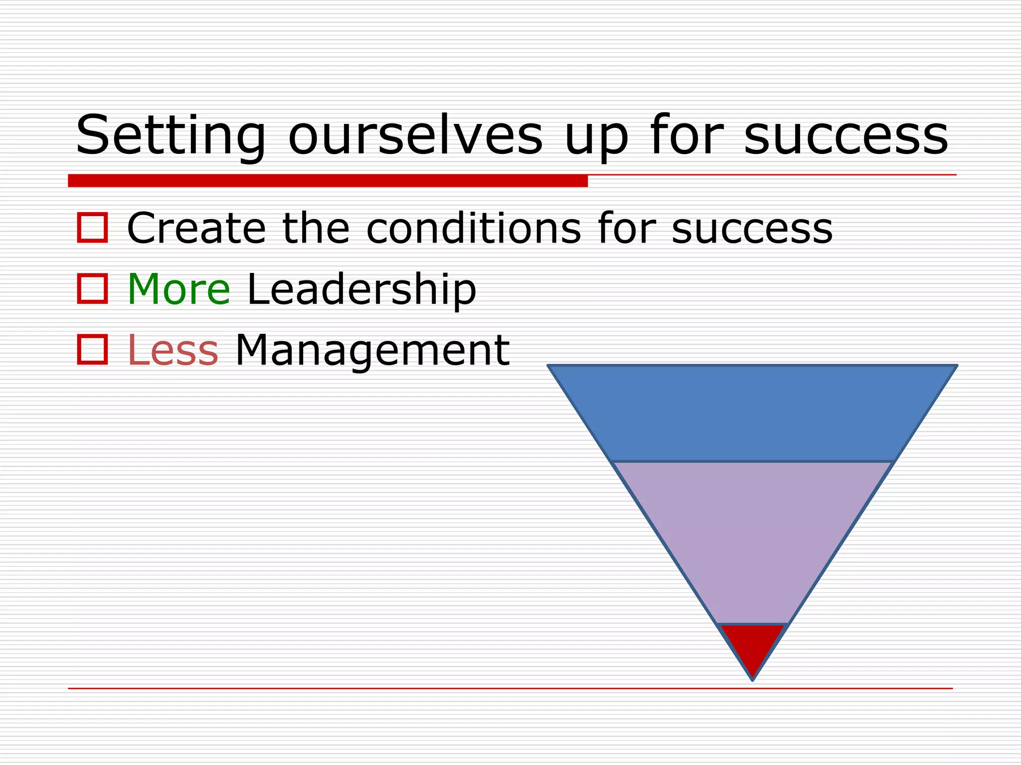 Setting ourselves up for success
 Create the conditions for success
 More Leadership
 Less Management
 