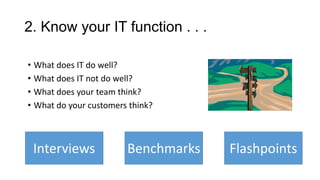 2. Know your IT function . . .
• What does IT do well?
• What does IT not do well?
• What does your team think?
• What do your customers think?

Interviews

Benchmarks

Flashpoints

 