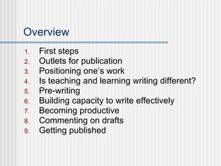 Overview First steps Outlets for publication Positioning one’s work Is teaching and learning writing different? Pre-writing Building capacity to write effectively Becoming productive Commenting on drafts Getting published 