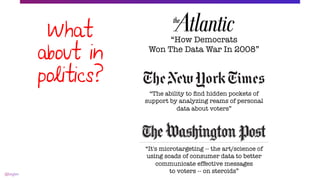 “How Democrats !
Won The Data War In 2008”
“The ability to ﬁnd hidden pockets of
support by analyzing reams of personal
data about voters”
“It's microtargeting -- the art/science of
using scads of consumer data to better
communicate effective messages !
to voters -- on steroids”
What
about in
politics?
 