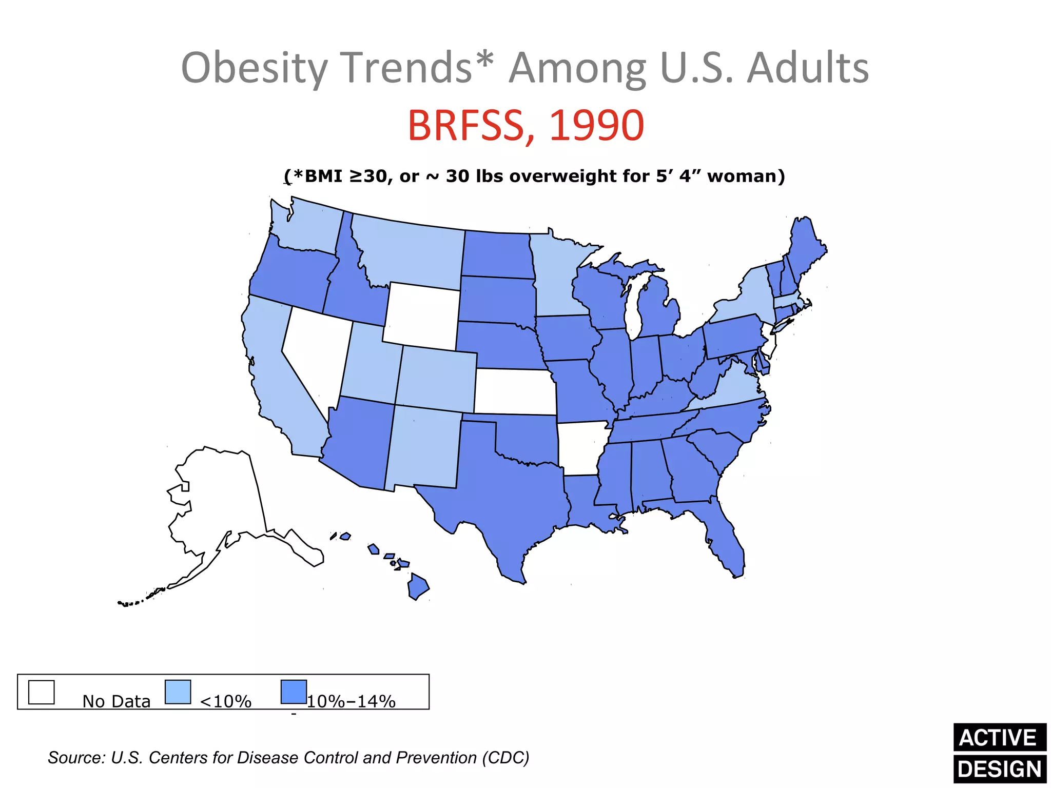 Obesity Trends* Among U.S. Adults
                           BRFSS, 1990
                             (*BMI ≥30, or ~ 30 lbs overweight for 5’ 4” woman)




    No Data        <10%         10%–14%


Source: U.S. Centers for Disease Control and Prevention (CDC)
 