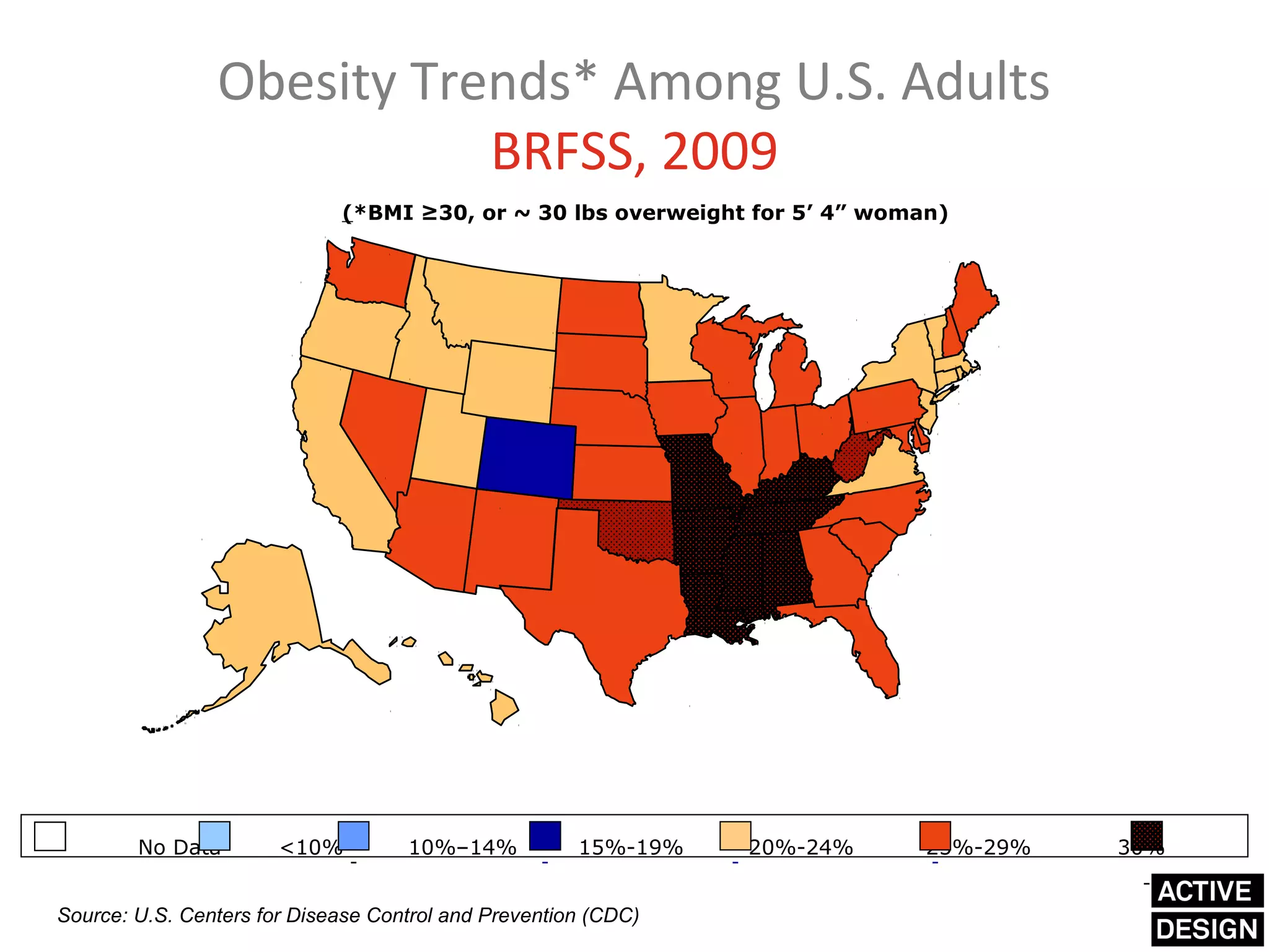Obesity Trends* Among U.S. Adults
                           BRFSS, 2009
                             (*BMI ≥30, or ~ 30 lbs overweight for 5’ 4” woman)




        No Data        <10%         10%–14%           15%-19%   20%-24%      25%-29%   30%


Source: U.S. Centers for Disease Control and Prevention (CDC)
 